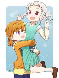 Rule 34 | 2girls, aged down, arashi chisato, double bun, dress, green dress, hair bun, highres, hood, hoodie, junchoco1207, lifting person, long sleeves, looking at another, love live!, love live! superstar!!, medium hair, multiple girls, open mouth, orange hair, orange hoodie, purple eyes, red eyes, shibuya kanon, shorts, sidelocks, standing, twintails, upper body, wavy mouth, white hair, yellow shorts