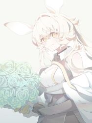Rule 34 | 1girl, absurdres, animal ears, arknights, asymmetrical gloves, bare shoulders, black gloves, blonde hair, blush, bouquet, breasts, cleavage, coat, commentary, detached collar, dorothy (arknights), flower, gloves, gradient background, green eyes, grey background, highres, holding, holding bouquet, kujou koto, lab coat, large breasts, long hair, looking at viewer, mismatched gloves, mouse ears, mouse girl, shirt, sidelocks, simple background, smile, solo, upper body, white coat, white shirt, yellow eyes, yellow gloves