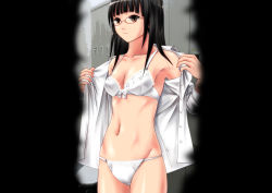 Rule 34 | 1girl, ano hito, black hair, blunt bangs, bow, bow bra, bra, breasts, closed mouth, commentary request, cowboy shot, crotch seam, dress shirt, glasses, highres, lace, lace-trimmed bra, lace trim, locker, locker room, long hair, looking to the side, navel, no pants, open clothes, open shirt, original, panties, peeking, shirt, small breasts, solo, standing, underwear, undressing, white bra, white panties, white shirt