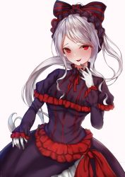 Rule 34 | 1girl, :d, black dress, bow, dress, floating hair, gloves, gothic lolita, hair bow, kou futoshi, lolita fashion, long hair, long sleeves, open mouth, overlord (maruyama), parted bangs, ponytail, red eyes, shalltear bloodfallen, silver hair, simple background, smile, solo, striped, striped bow, very long hair, white background, white gloves