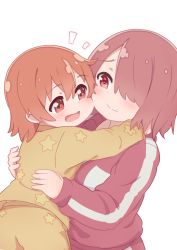 Rule 34 | 2girls, :d, absurdres, arms around neck, arms around waist, blush, brown hair, cheek-to-cheek, child, closed mouth, commentary request, eye contact, fang, hair between eyes, hair over one eye, hatafuta, heads together, highres, hoshino hinata, hoshino miyako (wataten), hug, jacket, looking at another, multiple girls, notice lines, open mouth, pajamas, pants, red eyes, red jacket, red pants, siblings, simple background, sisters, smile, star (symbol), star print, track jacket, track pants, track suit, upper body, watashi ni tenshi ga maiorita!, white background, yellow pajamas