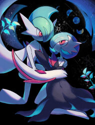 Rule 34 | 1boy, 1girl, alternate color, arm around shoulder, arm blade, backless dress, backless outfit, bare shoulders, black background, black dress, black gloves, blue hair, bob cut, cape, colored skin, creatures (company), dress, elbow gloves, eye contact, flat chest, from side, full body, gallade, game freak, gardevoir, gen 3 pokemon, gen 4 pokemon, gloves, green hair, hair over one eye, hand on another&#039;s chest, hand on another&#039;s shoulder, hetero, highres, hug, kneeling, long dress, looking at another, mega gallade, mega gardevoir, mega pokemon, mohawk, moon phases, multicolored hair, nintendo, no mouth, on one knee, one eye covered, plant, pokemon, pokemon (creature), red eyes, riru maru08, shiny pokemon, shooting star, short hair, sparkle, strapless, strapless dress, two-sided dress, two-sided fabric, two-tone hair, weapon, white cape, white skin