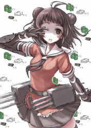 Rule 34 | 10s, 1girl, 2 fuel 4 ammo 11 steel, antenna hair, bad id, bad pixiv id, brown eyes, brown hair, double bun, dress, elbow gloves, empty eyes, gloves, kantai collection, kuronuko neero, looking at viewer, miniskirt, naka (kancolle), one eye closed, open mouth, personification, pleated skirt, shaded face, short hair, skirt, solo, star (symbol), tongue, v over eye, wink