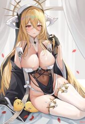 Rule 34 | 1girl, absurdres, azur lane, bare shoulders, between breasts, bikini, bikini top only, bird, black gloves, blonde hair, breasts, chick, cleavage, covered erect nipples, covered navel, curtains, detached sleeves, eyepatch bikini, gloves, hair between eyes, halo, hand up, highres, horns, iino (isnyong), implacable (azur lane), large breasts, long hair, long sleeves, looking at viewer, manjuu (azur lane), panty straps, parted lips, pelvic curtain, petals, red eyes, sitting, skindentation, solo, spaghetti strap, string bikini, sweat, swimsuit, thighhighs, thighs, twirling hair, veil, very long hair, white bikini, white thighhighs, wide sleeves, yokozuwari
