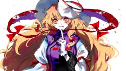 Rule 34 | 1girl, blonde hair, bow, breasts, cake mogo, censored, closed mouth, dress, gap (touhou), gloves, hair between eyes, hair bow, hand up, hat, hat bow, long hair, long sleeves, looking at viewer, medium breasts, mob cap, mosaic censoring, pointing, puffy sleeves, purple tabard, purple vest, red bow, simple background, smile, solo, tabard, teeth, touhou, upper body, vest, white background, white dress, white gloves, white hat, wide sleeves, yakumo yukari, yellow eyes