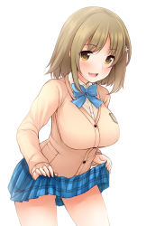Rule 34 | 10s, 1girl, :d, blush, breasts, brown eyes, brown hair, cardigan, clothes lift, hair ornament, idolmaster, idolmaster cinderella girls, large breasts, mimura kanako, open mouth, plaid, plaid skirt, short hair, skirt, skirt lift, smile, solo, standing, thighs, uni8