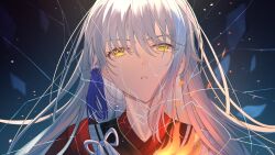 Rule 34 | 1boy, absurdres, archer (fate/samurai remnant), chinese clothes, close-up, crack, cracked glass, dark background, fate/samurai remnant, fate (series), fire, grey hair, hair down, hair ornament, highres, light (nightty45), long hair, multicolored hair, solo, streaked hair, tassel, tassel hair ornament, white hair, yellow eyes