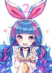Rule 34 | 1girl, bad id, bad pixiv id, blue hair, blush, character request, double v, hairband, long hair, looking at viewer, maplestory, mechuragi, mole, mole under eye, multicolored hair, neckerchief, open mouth, pink eyes, pink hair, smile, twintails, upper body, v, yellow neckerchief