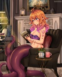 Rule 34 | 1girl, antenna hair, armchair, blue eyes, blush, body markings, book, breasts, chair, cleavage, closed mouth, cup, fireplace, gradient hair, highres, holding, holding book, indoors, large breasts, monster girl, monster girl encyclopedia, multicolored hair, noiretox, open book, orange hair, painting (object), pile of books, plant, purple hair, scylla, scylla (monster girl encyclopedia), sitting, solo, suction cups, tentacles, vase, window
