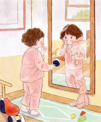 Rule 34 | 1girl, barefoot, blush, brown hair, child, different reflection, hand up, highres, holding, holding stuffed toy, index finger raised, indoors, mirror, original, pajamas, pink pajamas, reflection, short hair, solo, standing, stuffed animal, stuffed rabbit, stuffed toy, window, yoovora