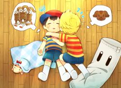 Rule 34 | 0mzum1, 2boys, baseball cap, black eyes, black hair, blanket, blonde hair, blue shirt, blue shorts, blush, boney, bow, closed eyes, commentary request, dog, doseisan, hat, lucas (mother 3), lying, male focus, mother (game), mother 2, mother 3, multiple boys, ness (mother 2), nintendo, noose man (mother), on back, on floor, on stomach, open mouth, quiff, red bow, red headwear, red shirt, sandbag, sandbag (smash bros), shirt, short hair, short sleeves, shorts, sideways hat, sleeping, socks, solid circle eyes, striped clothes, striped shirt, super smash bros., sweat, t-shirt, teeth, thick eyebrows, thought bubble, tongue, tongue out, two-tone shirt, upper teeth only, whiskers, white socks, wooden floor, yellow shirt, zzz