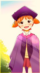 Rule 34 | 1girl, :d, azumanga daiou, blush, brown eyes, commentary, dress shirt, dusk, feet out of frame, hat, idle antics, looking ahead, mihama chiyo, mortarboard, naoetsu high school uniform, open mouth, pleated skirt, purple hat, purple robe, red hair, red skirt, robe, school uniform, shirt, short hair, short twintails, skirt, smile, solo, standing, sweater, tree, twintails, white shirt, yellow sweater