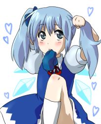 Rule 34 | 1girl, alternate hairstyle, bad id, bad pixiv id, cirno, dress, female focus, hairdressing, simple background, socks, solo, touhou, twintails, white background, white socks, yanai roku
