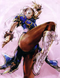 Rule 34 | 1990s (style), 1girl, absurdres, boots, bracelet, bun cover, capcom, china dress, chinese clothes, chun-li, dress, fighting stance, highres, jewelry, lee min-piyo, pantyhose, pelvic curtain, scan, solo, spiked bracelet, spikes, standing, standing on one leg, street fighter, street fighter ii (series), thick thighs, thighs