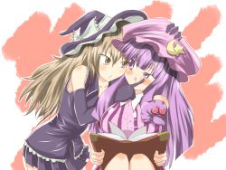 Rule 34 | 2girls, blonde hair, blush, book, bow, cheek poking, dekapoi, elbow gloves, eye contact, female focus, gloves, hat, kirisame marisa, lace, long hair, looking at another, moon, multiple girls, open book, patchouli knowledge, pleated skirt, poking, purple eyes, purple hair, reading, ribbon, skirt, star (symbol), staring, touhou, witch, witch hat, yellow eyes