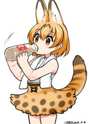 Rule 34 | 10s, 1girl, 2017, animal ears, bare shoulders, blonde hair, bottle, cowboy shot, dated, drinking, extra ears, hair between eyes, happa (cloverppd), holding, holding bottle, kemono friends, milk bottle, print skirt, serval (kemono friends), serval print, serval tail, shirt, short hair, signature, simple background, skirt, sleeveless, solo, tail, towel, towel around neck, white background, white shirt, yellow eyes
