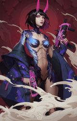 Rule 34 | 1girl, absurdres, alternate universe, android, black hair, breasts, colored inner hair, commentary, cyberpunk, dual wielding, english commentary, eyeshadow, fate/grand order, fate (series), finger on trigger, foregrip, gun, highres, holding, holding gun, holding weapon, horns, makeup, mechanical horns, mechanization, metal skin, multicolored hair, navel, open mouth, pink eyes, purple eyeshadow, purple hair, short hair, shuten douji (fate), skin-covered horns, small breasts, smoke, solo, submachine gun, trigger discipline, weapon, wushenyou