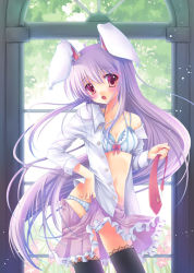 Rule 34 | 1girl, animal ears, bad id, bad pixiv id, bare shoulders, black thighhighs, blue bra, blue panties, blush, bra, breasts, cleavage, female focus, light purple hair, lingerie, long hair, looking at viewer, nail polish, necktie, off shoulder, open clothes, open shirt, panties, purple eyes, purple hair, purple nails, rabbit ears, red eyes, red necktie, reisen udongein inaba, shirt, skirt, small breasts, solo, sousouman, striped bra, striped clothes, striped panties, thighhighs, touhou, underwear, undressing, very long hair, white shirt, window