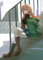 Rule 34 | 1girl, absurdres, ahoge, alternate costume, boots, brown eyes, brown hair, building, casual, crop top, denim, denim shorts, fence, green jacket, hair down, hands in pockets, highres, hololive, hololive english, jacket, knee boots, long hair, looking at viewer, macartura08, multicolored hair, nanashi mumei, navel, off shoulder, on stairs, shorts, streaked hair, turtleneck, very long hair, virtual youtuber