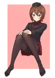 Rule 34 | 10s, 1girl, black hat, black pantyhose, blouse, brown eyes, brown hair, collared shirt, full body, garrison cap, girls und panzer, hair between eyes, hat, highres, invisible chair, knees together feet apart, long sleeves, looking at viewer, miniskirt, nishizumi maho, no shoes, notori d, outside border, panties, pantyhose, pantyshot, pink background, red shirt, red skirt, shirt, short hair, simple background, sitting, skirt, solo, underwear
