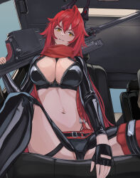 Rule 34 | 1girl, absurdres, anti-materiel rifle, black gloves, breasts, bullpup, chaps, cleavage, crop top, cropped jacket, fingerless gloves, gloves, goddess of victory: nikke, grin, gun, hair between eyes, headgear, highres, holding, holding weapon, horns, jacket, large breasts, leather, leather jacket, light blush, long hair, mechanical horns, nagato tsumugu, navel, orange eyes, partially visible vulva, red hair, red hood (nikke), red jacket, red scarf, rifle, scarf, sitting, smile, sniper rifle, solo, unzipped, very long hair, weapon, zipper