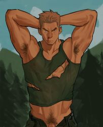 Rule 34 | 1boy, armpit hair, arms behind head, bara, blood, covered erect nipples, cowboy shot, edeued (dpemrmfla), facial hair, forest, goatee, goatee stubble, green tank top, highres, looking at viewer, male focus, mature male, midriff peek, muscular, muscular male, nature, navel hair, no male underwear, nosebleed, open fly, original, out-of-frame censoring, pectorals, penis, penis out of frame, penis peek, shirt, short hair, sidepec, solo, stubble, tank top, thick eyebrows, torn clothes, torn shirt