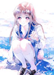 Rule 34 | 1girl, absurdres, ahma, black footwear, blue sailor collar, blue skirt, blush, braid, brown hair, day, flower, highres, holding, holding flower, legs together, long hair, looking at viewer, neckerchief, original, outdoors, parted lips, pleated skirt, red eyes, red neckerchief, sailor collar, school uniform, serafuku, shirt, shoes, skirt, smile, socks, solo, squatting, white shirt, white socks
