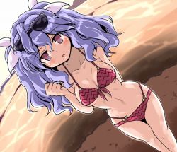 Rule 34 | 1girl, ahoge, arm behind back, bare shoulders, beach, bikini, blush, breasts, clenched hand, epic seven, eyewear on head, from above, front-tie top, hair ribbon, helen (epic seven), light purple hair, looking at viewer, navel, open mouth, pink eyes, ribbon, solo, sunglasses, swimsuit, tsuzuri (tuzuri), two side up, water, wavy hair