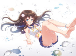 Rule 34 | 1girl, :d, absurdres, air bubble, animal, anklet, bad id, bad pixiv id, bare arms, bare shoulders, barefoot, blue eyes, blue sailor collar, blue skirt, blurry, blurry background, blush, breasts, brown hair, bubble, commentary request, crop top, depth of field, feet, fish, flower, foreign blue, frilled shirt, frills, full body, hair flower, hair ornament, highres, jewelry, korean commentary, legs up, long hair, neck ribbon, open mouth, original, pleated skirt, ribbon, sailor collar, shirt, skirt, small breasts, smile, soles, solo, toes, underwater, very long hair, white flower, white shirt, yellow ribbon
