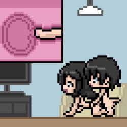 Rule 34 | 1boy, 1girl, all fours, animated, animated gif, black hair, blush, cross-section, doggystyle, heart, hetero, lowres, nude, open mouth, original, peach (pixiv37634498), penis, pixel art, profile, sex, sex from behind, spoken heart, television, uncensored, vaginal