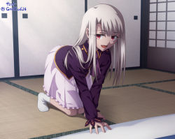 Rule 34 | 1girl, anime coloring, ankle socks, blush, fate/stay night, fate (series), feet, female focus, frilled skirt, frills, gyatto624, hair between eyes, heaven&#039;s feel, highres, illyasviel von einzbern, long hair, looking at viewer, no shoes, open mouth, red eyes, scarf, silver hair, skirt, smile, socks, solo, twitter username, white scarf, white skirt, white socks