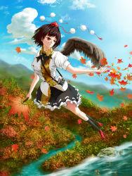 Rule 34 | 1girl, autumn leaves, black neckerchief, black skirt, black socks, black wings, blue sky, breasts, brown hair, camera, camera around neck, collared shirt, dress shirt, fasnakegod, feathered wings, foreshortening, frilled skirt, frills, geta, hat, hauchiwa, highres, holding, medium breasts, mountainous horizon, neckerchief, outdoors, outstretched arm, outstretched hand, pen in pocket, pom pom (clothes), print shirt, puffy short sleeves, puffy sleeves, red eyes, red footwear, red hat, red tassel, ribbon-trimmed skirt, ribbon trim, shameimaru aya, shirt, short sleeves, skirt, sky, socks, solo, tengu-geta, tokin hat, touhou, white shirt, wings