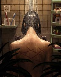 Rule 34 | 1girl, absurdres, back, back focus, black hair, cup, drinking glass, electrical outlet, faceless, faceless female, facing away, guweiz, highres, indoors, nude, original, plant, potted plant, scar, shower (place), showering, solo, standing, tile wall, tiles, toothbrush, upper body, water, wet, wet hair