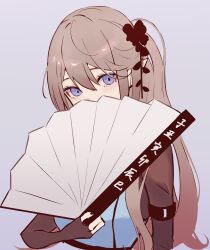 Rule 34 | 1girl, aoi tooru, arknights, black nails, blue shirt, brown hair, commentary request, eyebrows hidden by hair, folding fan, grey background, hair between eyes, hand fan, highres, holding, holding fan, indigo (arknights), long hair, nail polish, one-hour drawing challenge, pointy ears, shirt, simple background, solo, translation request, upper body, very long hair