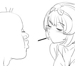 Rule 34 | 1boy, 1girl, blush, bow, bow (bhp), closed eyes, food, greyscale, hair bow, hetero, imminent kiss, monochrome, mouth hold, original, pocky, pocky day, pocky kiss, shared food, short hair, simple background, white background