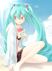 Rule 34 | 1girl, :p, agonasubi, ahoge, alternate costume, alternate eye color, aqua hair, barefoot, bespectacled, bikini, bikini top only, breasts, food, glasses, hatsune miku, highres, long hair, md5 mismatch, popsicle, red-framed eyewear, red eyes, resolution mismatch, skirt, small breasts, solo, source smaller, swimsuit, tongue, tongue out, twintails, vocaloid, watermelon bar