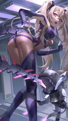Rule 34 | 1girl, absurdres, ass, black gloves, black nails, blush, bodysuit, breasts, cropped hoodie, fingerless gloves, gloves, grey bodysuit, grey hair, hair ornament, hairclip, highres, hood, hoodie, horns, indie virtual youtuber, jyuma, long hair, long sleeves, looking at viewer, mechanical horns, medium breasts, nail polish, non-humanoid robot, open mouth, red eyes, robot, robot animal, robot dog, saruei (vtuber), scar, scar across eye, twintails, very long hair, virtual youtuber