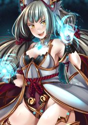 Rule 34 | 1girl, absurdres, animal ear fluff, animal ears, bare shoulders, bell, breasts, bubble, cat ears, cowboy shot, fangs, gloves, glowing, grey hair, highleg, highleg leotard, highres, leotard, long hair, magic, nia (blade) (xenoblade), nia (xenoblade), nintendo, niyah, open mouth, shunter, sky, small breasts, solo, spoilers, star (sky), starry sky, twintails, watermark, xenoblade chronicles (series), xenoblade chronicles 2, yellow eyes