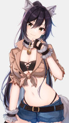 Rule 34 | 1girl, absurdres, animal ears, arm at side, belt, belt buckle, bikini, bikini under clothes, black bikini, black gloves, black hair, blush, breast pocket, breasts, brown eyes, brown ribbon, buckle, cleavage cutout, closed mouth, clothing cutout, collarbone, commentary request, cowboy shot, crop top, cutoffs, denim, denim shorts, fingerless gloves, front-tie top, fur collar, gloves, grey background, hair between eyes, hand up, head tilt, high ponytail, highleg, highleg bikini, highres, idolmaster, idolmaster shiny colors, jewelry, kemonomimi mode, leaning to the side, long hair, looking at viewer, medium breasts, navel, pendant, pocket, ribbon, satoimo chika, shirase sakuya, short shorts, short sleeves, shorts, simple background, smile, solo, stomach, swimsuit, tail, thong, torn clothes, underboob, very long hair, wolf ears, wolf girl, wolf tail, wrist cuffs