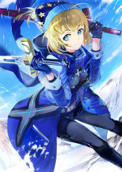 Rule 34 | 119, 1girl, ahoge, artoria pendragon (fate), belt, bent over, black pants, blonde hair, blue coat, blue eyes, blue gloves, blue hat, coat, dual wielding, excalibur (fate/stay night), excalibur morgan (fate), fate/grand order, fate (series), gloves, hat, holding, holding sword, holding weapon, looking at viewer, mysterious heroine x (fate), pants, short hair, smile, solo, star (symbol), star print, sword, weapon