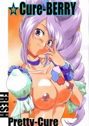 Rule 34 | 00s, 1girl, aono miki, blue eyes, breasts, cure berry, drill hair, fresh precure!, honoo teruki, large breasts, long hair, magical girl, nipples, precure, purple hair, solo, topless, traditional media
