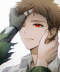 Rule 34 | 2boys, bad id, bad twitter id, brown hair, close-up, closed mouth, collared shirt, commentary request, danganronpa (series), danganronpa 2: goodbye despair, green neckwear, hands on another&#039;s face, hinata hajime, komaeda nagito, male focus, multiple boys, one eye closed, portrait, ppap (11zhakdpek19), red eyes, shirt, short hair, simple background, solo focus, white background, white shirt