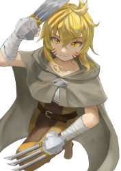Rule 34 | 1girl, absurdres, argo the rat, bandaged arm, bandages, blonde hair, cape, commentary request, crossed bangs, dutch angle, facial mark, highres, looking at viewer, moon, night, smile, smirk, solo, suzui sen, sword art online, weapon request, whisker markings, white background, yellow eyes