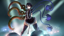 Rule 34 | 1girl, alternate costume, arm behind back, asymmetrical wings, bad anatomy, belt, black hair, black shirt, black skirt, bow, breasts, dark, frilled skirt, frills, hand on own thigh, highres, hip focus, houjuu nue, kikimifukuri, light, light rays, looking at viewer, microskirt, no shoes, polearm, poorly drawn, purple eyes, shirt, short sleeves, skindentation, skirt, smile, solo, striped clothes, striped thighhighs, thick thighs, thighhighs, thighs, touhou, trident, ufo, weapon, wide hips, wings