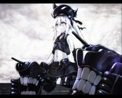 Rule 34 | 10s, 1girl, absurdres, abyssal ship, bare shoulders, cannon, choker, cloud, cloudy sky, collarbone, colored skin, crying, crying with eyes open, destroyer princess, hair between eyes, hat, highres, kantai collection, letterboxed, long hair, machinery, midriff, navel, open mouth, purple eyes, school uniform, serafuku, side ponytail, skirt, sky, sleeveless, solo, tears, teeth, torpedo, white hair, white skin, zero (miraichizu)