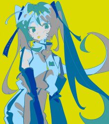 Rule 34 | 1girl, alternate costume, aqua eyes, aqua hair, colored tongue, cowboy shot, detached sleeves, dot nose, floating hair, hair ornament, hair ribbon, hatsune miku, high collar, highres, hirari in, leaning forward, light blush, limited palette, long hair, looking at viewer, neck tattoo, number tattoo, pants, raised eyebrows, ribbon, short eyebrows, simple background, sleeveless, sleeveless jacket, solo, tattoo, tongue, tongue out, twintails, vocaloid, yellow background, yellow tongue, zipper