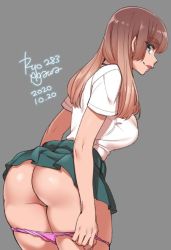 Rule 34 | 1girl, 2020, agawa ryou, artist name, ass, blue eyes, brown hair, commentary, dated, green skirt, grey background, long hair, looking at viewer, looking back, original, panties, panty pull, pink panties, signature, simple background, skirt, solo, thighs, underwear