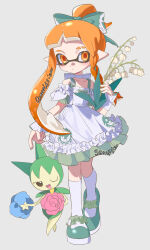 1girl absurdres bare_shoulders blue_bow bow bow_choker braid choker closed_mouth collarbone commission creatures_(company) detached_sleeves dress eyebrow_cut flower full_body game_freak gen_3_pokemon green_shoes grey_background hair_bow highres holding holding_flower inkling inkling_girl inkling_player_character long_hair namazuoku nintendo orange_eyes orange_hair pointy_ears pokemon pokemon_(creature) ponytail roselia_(pokemon) sample_watermark shoes short_sleeves single_braid sleeveless sleeveless_dress splatoon_(series) standing tentacle_hair thighhighs watermark white_bow white_choker white_dress white_flower white_thighhighs white_wrist_cuffs wrist_cuffs