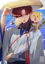 Rule 34 | 1boy, age nasuo, ajirogasa, artist logo, blue background, dog, dog on shoulder, ear piercing, fate/grand order, fate (series), hat, highres, japanese clothes, katana, kimono, male focus, piercing, red eyes, red hair, sandogasa, scarf, sword, takasugi shinsaku (fate), takasugi shinsaku (first ascension) (fate), tongue, tongue out, weapon