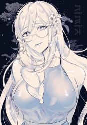 Rule 34 | 1girl, absurdres, aia amare, artist name, blue background, braid, breasts, commentary, english commentary, flower, glasses, greyscale with colored background, hair flower, hair ornament, hair over shoulder, head tilt, highres, large breasts, long hair, looking at viewer, nijisanji, nijisanji en, nimia vanderwood (artist), round eyewear, sideboob, smile, solo, upper body, very long hair, vietnamese clothes, virtual youtuber